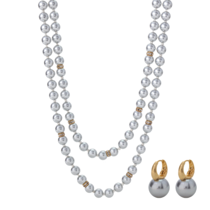 High-gloss premium gray Swarovski pearl super shiny diamond ring necklace two-layer pearl necklace and earring set