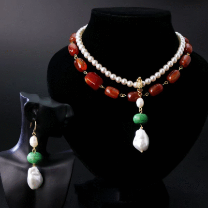 Copper-plated 18k gold natural agate jewelry set, necklace, earrings, pearl double-layer necklace set