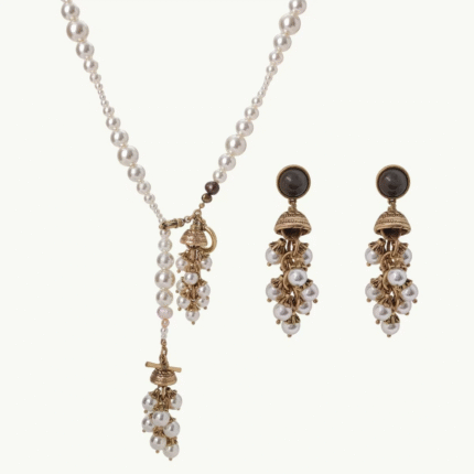 Vintage heavy-duty glass pearl necklace, layered tassel necklace, and earring set